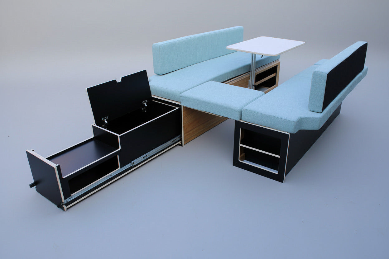 Camper Modul für Ford Transit Custom – Sitzgruppe, Bett & Auszugsküche (Queenply / Eiche)