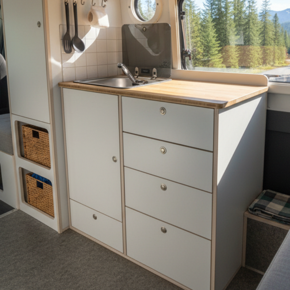 küchenmodul camper Camper Pro Küchenmodul mit 5 Schubladen, Spüle & Wassertanks – FM CamperVan