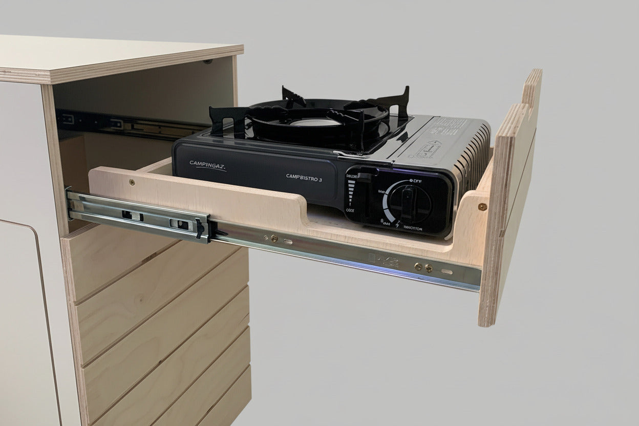 Kompaktes Küchenmodul für Camper & Vans - Campingküche handgefertigt, inkl. Wasser- & Kochsystem